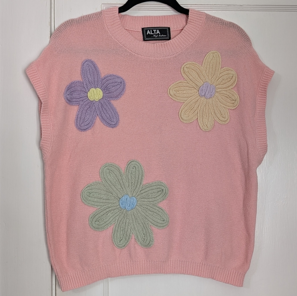 Alta Pink Daisy Sweater Vest Women’s Large Cottagecore Kitsch